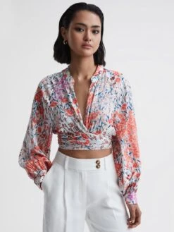 Reiss Coral/White Elle Floral Print Tie Front Cropped Blouse