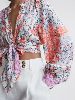 Reiss Coral/White Elle Floral Print Tie Front Cropped Blouse -Reiss D68 962s4