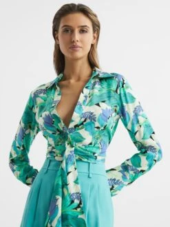 Reiss Aquamarine Dana Floral Print Tie Front Cropped Blouse -Reiss D68 964s4