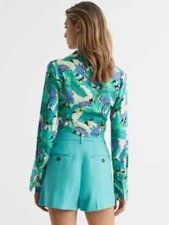 Reiss Aquamarine Dana Floral Print Tie Front Cropped Blouse -Reiss D68 964s5
