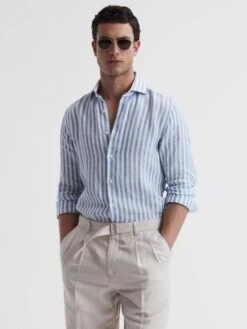 Reiss Soft Blue Herringbone Stripe Ruban Linen Long Sleeve Shirt