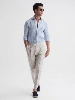 Reiss Soft Blue Herringbone Stripe Ruban Linen Long Sleeve Shirt -Reiss D68 978s3