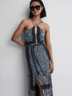 Reiss Navy/Blue Aliana Floral Print Fitted Midi Dress