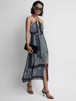 Reiss Navy/Blue Aliana Floral Print Fitted Midi Dress -Reiss D68 981s3