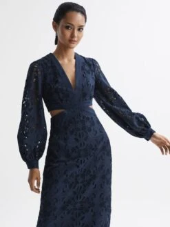 Reiss Navy Zena Lace Cut-Out Midi Dress -Reiss D68 984s6