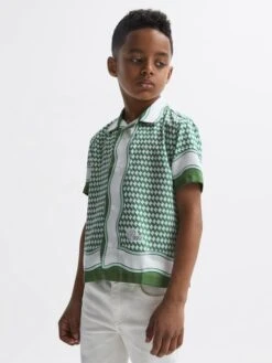 Reiss Green Vanpelt Junior Printed Cuban Collar Short Sleeve Shirt