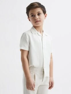 Reiss Ecru Vitus Junior Cuban Collar Ribbed Polo