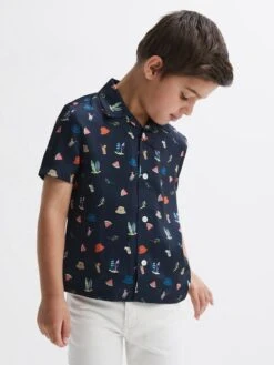 Reiss Navy Archer Junior Beach Print Cuban Collar Shirt