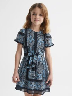 Reiss Navy Alianna Junior Floral Print Puff Sleeve Dress