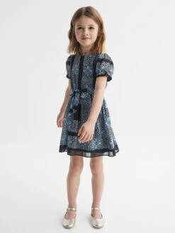 Reiss Navy Alianna Junior Floral Print Puff Sleeve Dress -Reiss D72 406s3