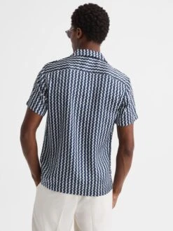 Reiss Navy Mayday Slim Fit Cuban Collar Printed Shirt -Reiss D78 235s5