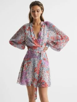Reiss Coral/White Kiera Floral Printed Mini Dress -Reiss D79 051s3