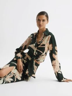 Reiss Khaki Dahlia Print Linen Cropped Tie Front Blouse