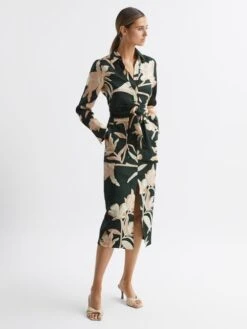 Reiss Khaki Dahlia Print Linen Cropped Tie Front Blouse -Reiss D80 059s3