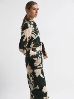 Reiss Khaki Dahlia Print Linen Cropped Tie Front Blouse -Reiss D80 059s4