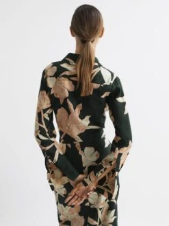 Reiss Khaki Dahlia Print Linen Cropped Tie Front Blouse -Reiss D80 059s5
