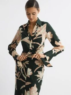 Reiss Khaki Dahlia Print Linen Cropped Tie Front Blouse -Reiss D80 059s6