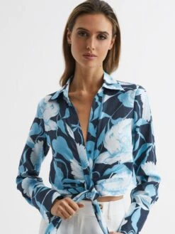 Reiss Navy/Blue Dahlia Print Linen Cropped Tie Front Blouse -Reiss D80 060s3