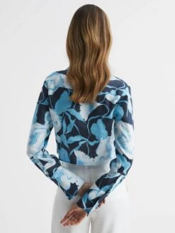 Reiss Navy/Blue Dahlia Print Linen Cropped Tie Front Blouse -Reiss D80 060s5