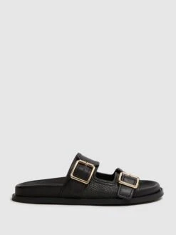Reiss Black Ezra Raffia Leather Sliders