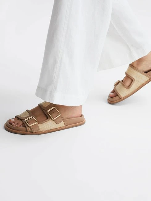 Reiss Natural Ezra Raffia Leather Sliders 2 Reiss Natural Ezra Raffia Leather Sliders – Image 2