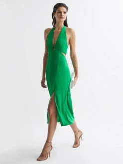 Reiss Green Maia Fitted Halter Neck Midi Dress -Reiss D89 709s3
