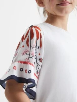 Reiss White Anastasia Senior Flared Printed Sleeve T-Shirt -Reiss D97 805s4