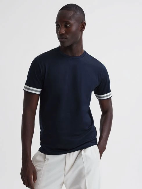 Reiss Navy Dune Mercerised Cotton Striped T-Shirt 1 Reiss Navy Dune Mercerised Cotton Striped T-Shirt