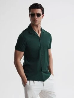 Reiss Emerald Caspa Mercerised Jersey Cuban Collar Shirt