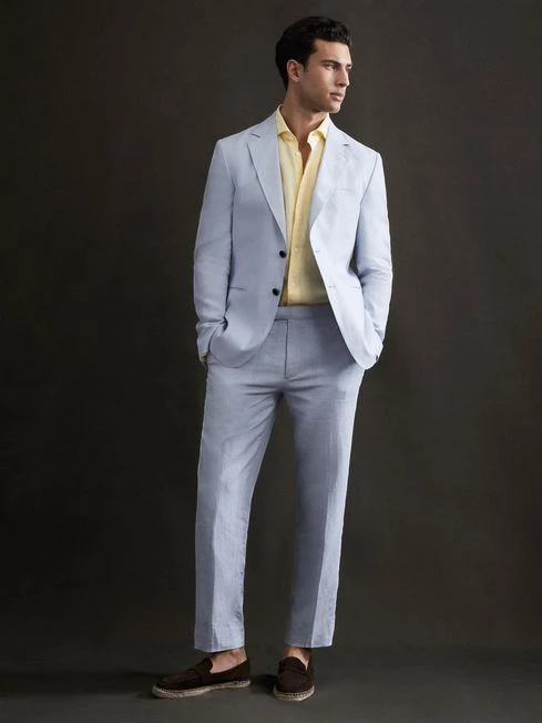 Reiss Soft Blue Kin Slim Fit Single Breasted Linen Blazer 3 Reiss Soft Blue Kin Slim Fit Single Breasted Linen Blazer – Image 3