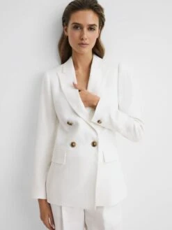 Reiss White Hollie Petite Double Breasted Linen Blazer -Reiss D97862s4