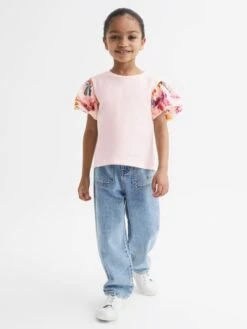 Reiss Ivory Amira Senior Floral Print Puff Sleeve T-Shirt