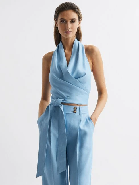 Reiss Blue Hollie Halter Neck Linen Blend Crop Top 1 Reiss Blue Hollie Halter Neck Linen Blend Crop Top