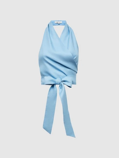 Reiss Blue Hollie Halter Neck Linen Blend Crop Top 2 Reiss Blue Hollie Halter Neck Linen Blend Crop Top – Image 2