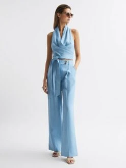 Reiss Blue Hollie Halter Neck Linen Blend Crop Top 8 Reiss Blue Hollie Halter Neck Linen Blend Crop Top -Reiss D99 266s3