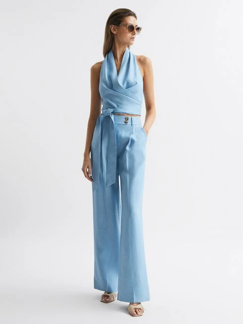 Reiss Blue Hollie Halter Neck Linen Blend Crop Top 3 Reiss Blue Hollie Halter Neck Linen Blend Crop Top – Image 3
