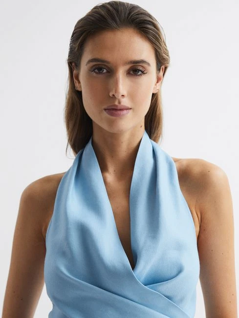 Reiss Blue Hollie Halter Neck Linen Blend Crop Top 4 Reiss Blue Hollie Halter Neck Linen Blend Crop Top – Image 4