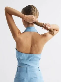 Reiss Blue Hollie Halter Neck Linen Blend Crop Top 10 Reiss Blue Hollie Halter Neck Linen Blend Crop Top -Reiss D99 266s5