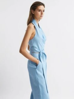 Reiss Blue Hollie Halter Neck Linen Blend Crop Top 11 Reiss Blue Hollie Halter Neck Linen Blend Crop Top -Reiss D99 266s6