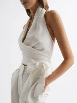 Reiss White Hollie Halter Neck Linen Blend Crop Top -Reiss D99 267s4
