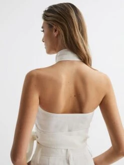 Reiss White Hollie Halter Neck Linen Blend Crop Top -Reiss D99 267s5