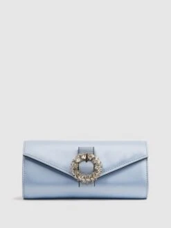 Reiss Powder Blue Delphine Diamanté Buckle Satin Clutch