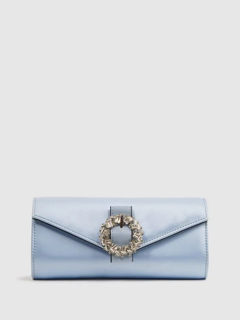Reiss Powder Blue Delphine Diamanté Buckle Satin Clutch 1 Reiss Powder Blue Delphine Diamanté Buckle Satin Clutch