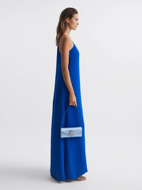 Reiss Powder Blue Delphine Diamanté Buckle Satin Clutch 2 Reiss Powder Blue Delphine Diamanté Buckle Satin Clutch – Image 2