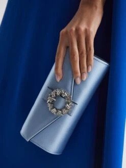 Reiss Powder Blue Delphine Diamanté Buckle Satin Clutch 10 Reiss Powder Blue Delphine Diamanté Buckle Satin Clutch -Reiss N4X874s4