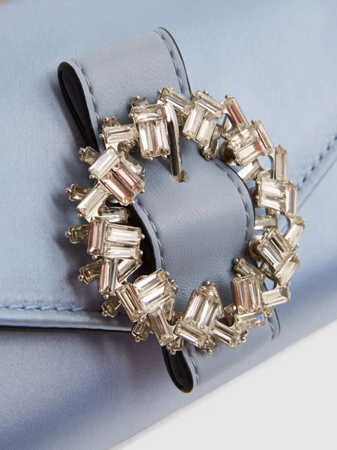 Reiss Powder Blue Delphine Diamanté Buckle Satin Clutch 7 Reiss Powder Blue Delphine Diamanté Buckle Satin Clutch – Image 7