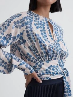 Reiss Pink/Blue Sadie Cropped Printed Belted Blouse