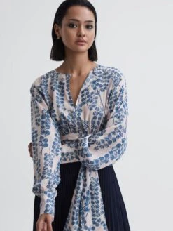 Reiss Pink/Blue Sadie Cropped Printed Belted Blouse -Reiss T50 733s3