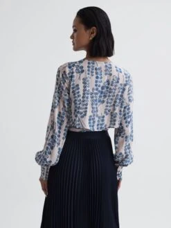 Reiss Pink/Blue Sadie Cropped Printed Belted Blouse -Reiss T50 733s4