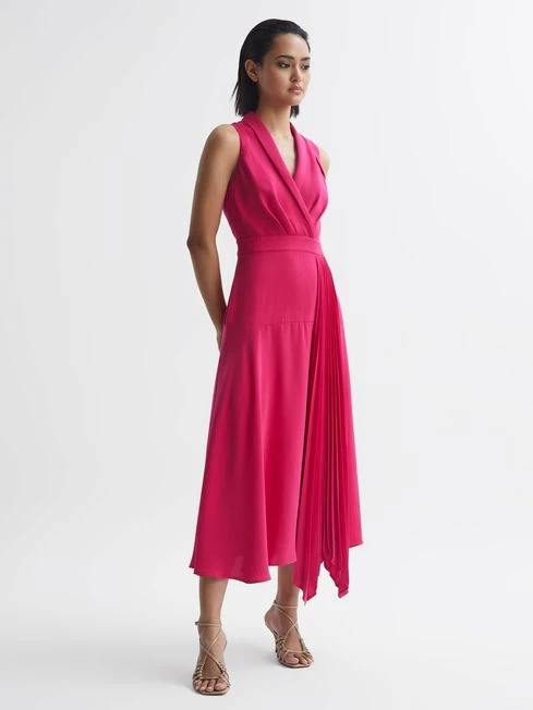 Reiss Pink Claire Pleated Fitted Midi Dress 1 Reiss Pink Claire Pleated Fitted Midi Dress